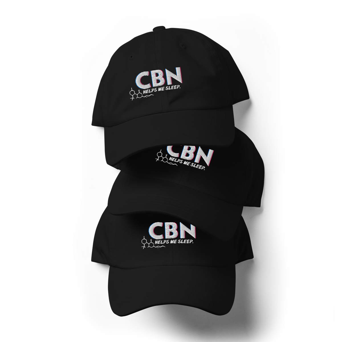 Front product view of the black dad hat featuring the embroidered CBN Helps Me Sleep design by Mandi Cruz Media.