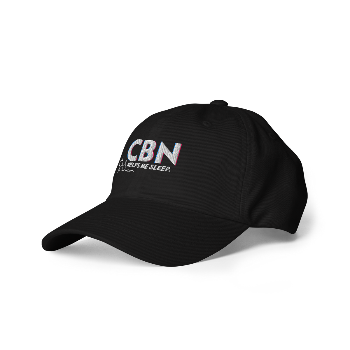 Left-front product view of the black dad hat displaying the embroidered CBN Helps Me Sleep artwork.