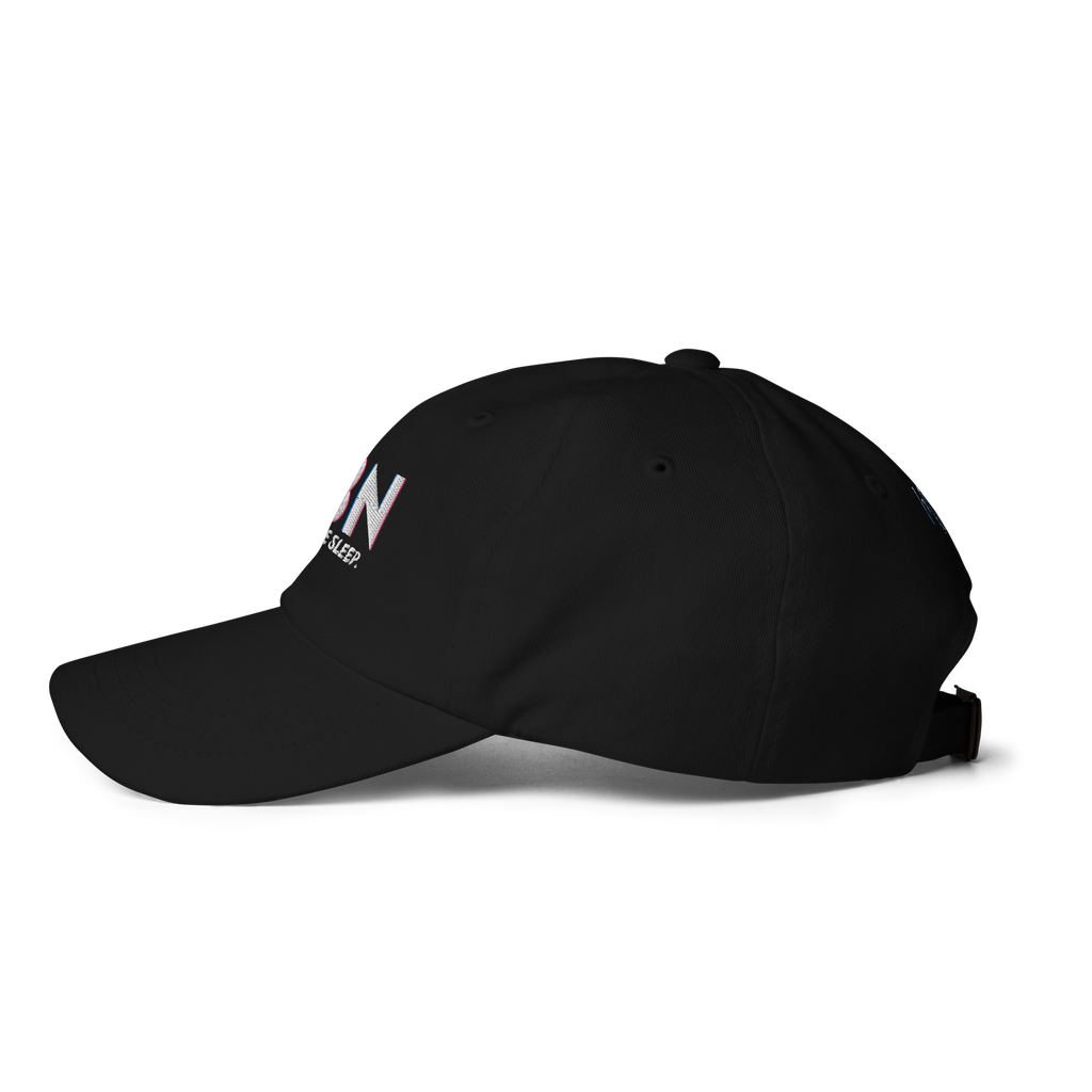 Left-side product view of the black CBN Helps Me Sleep dad hat with a curved brim and low-profile crown.
