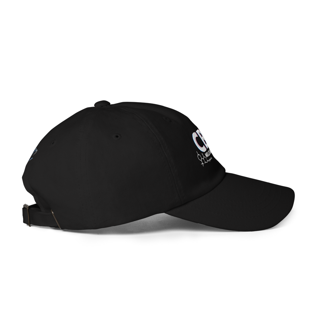 Right-facing side view of the black CBN Helps Me Sleep dad hat showing its curved brim, low-profile crown and partially visible front embroidery.