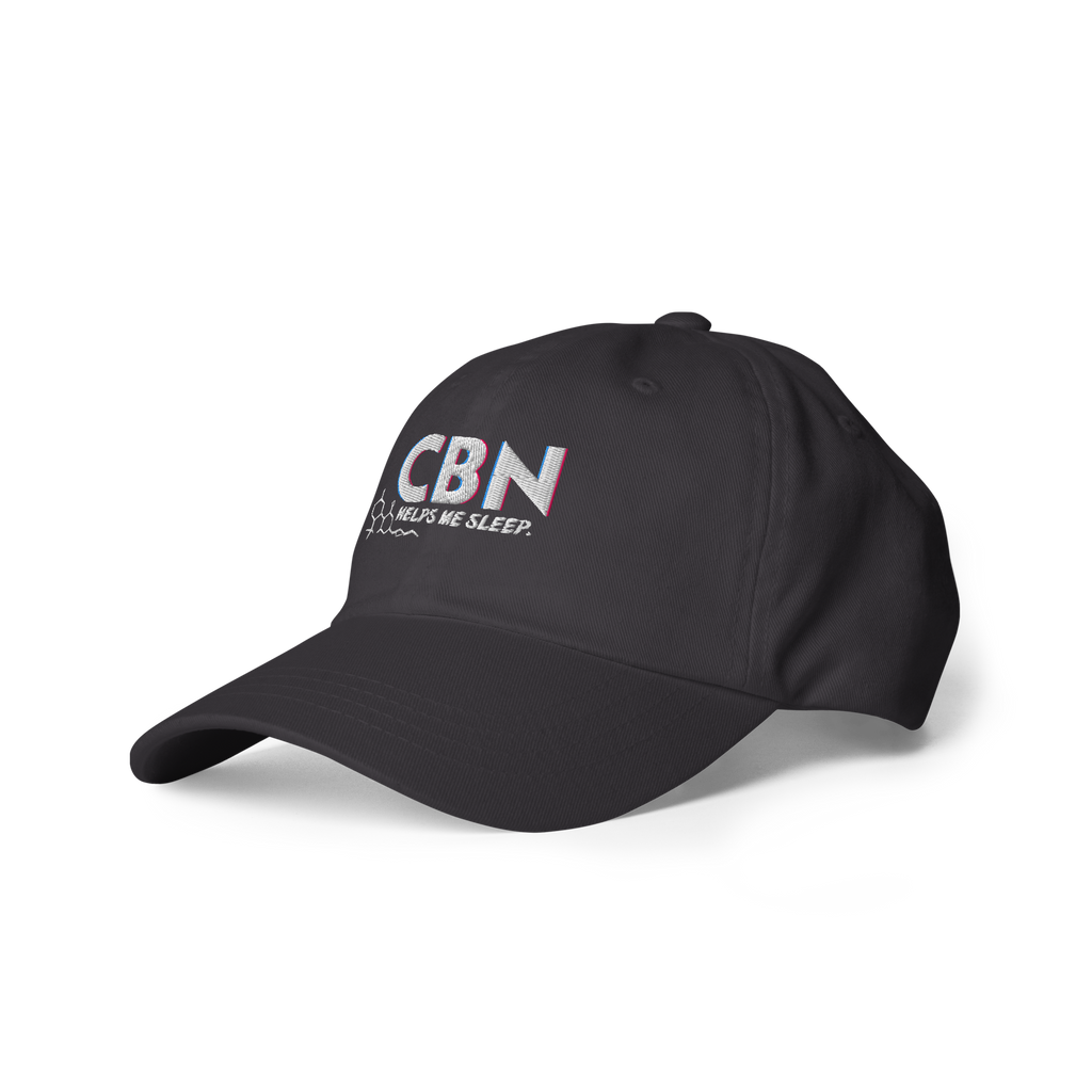 Left-front view of the dark grey dad hat displaying the embroidered CBN Helps Me Sleep design.