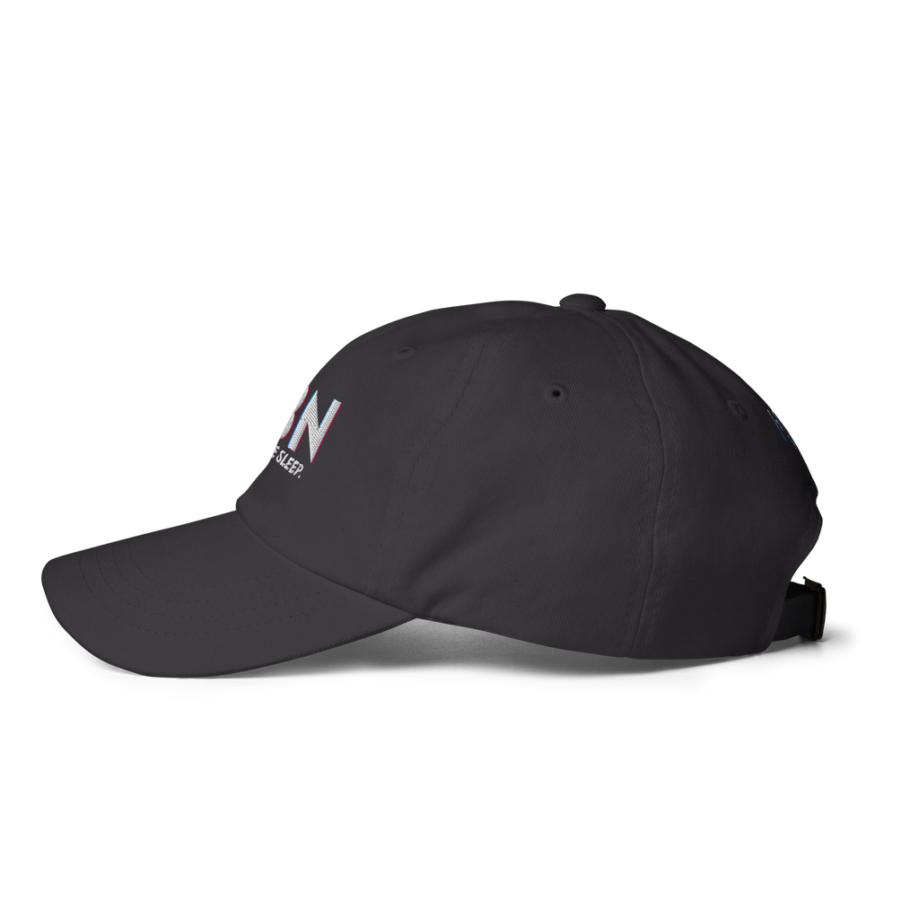 Left-side product view of the dark grey CBN Helps Me Sleep dad hat with a low-profile cotton crown