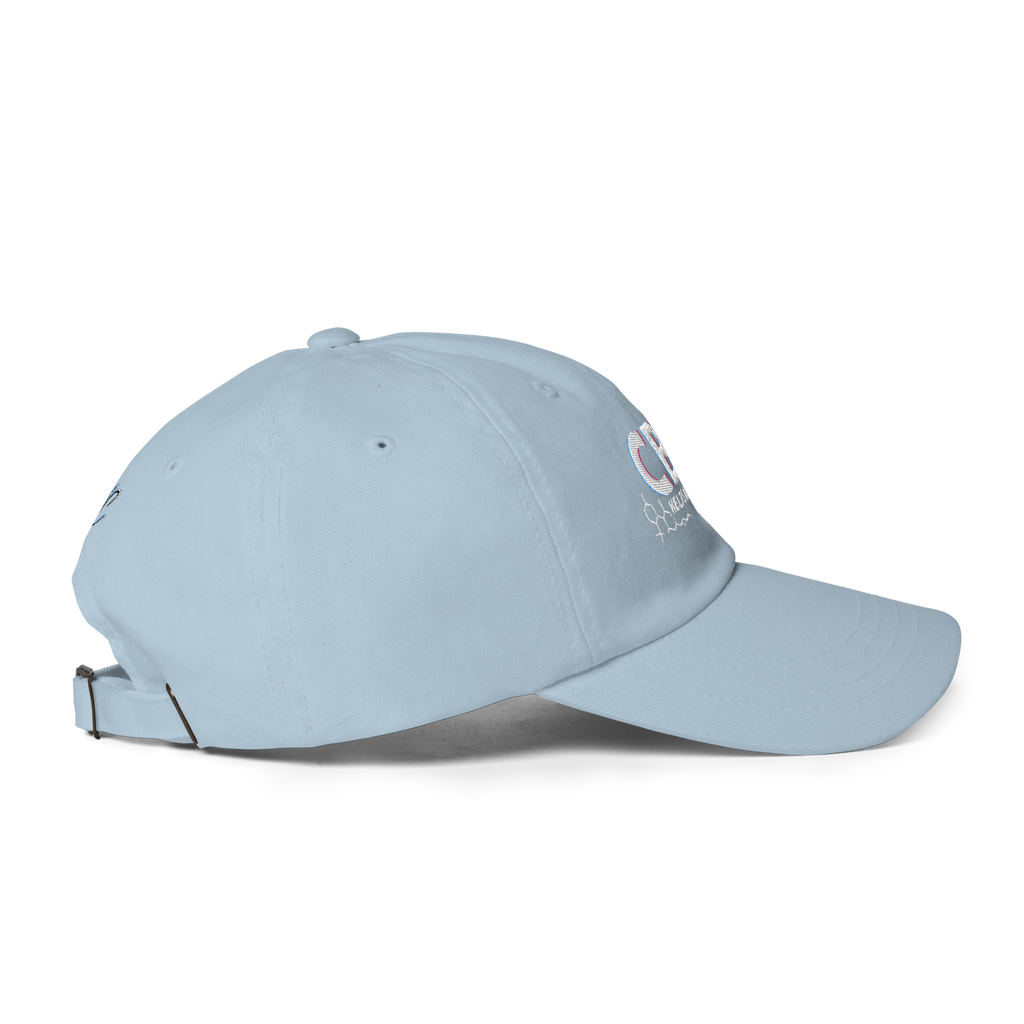 Right-side product view of the light blue CBN Helps Me Sleep dad hat with a classic curved brim.