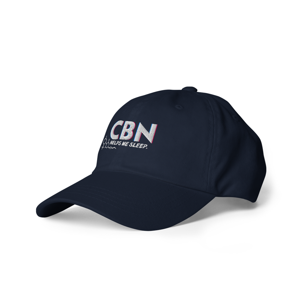 Left-front product view of the navy dad hat featuring the embroidered CBN Helps Me Sleep design.