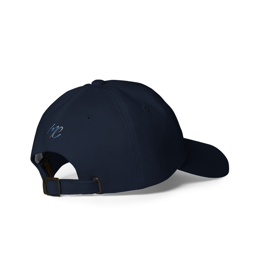 Right-back view of the navy CBN Helps Me Sleep dad hat showing its adjustable metal-buckle strap.