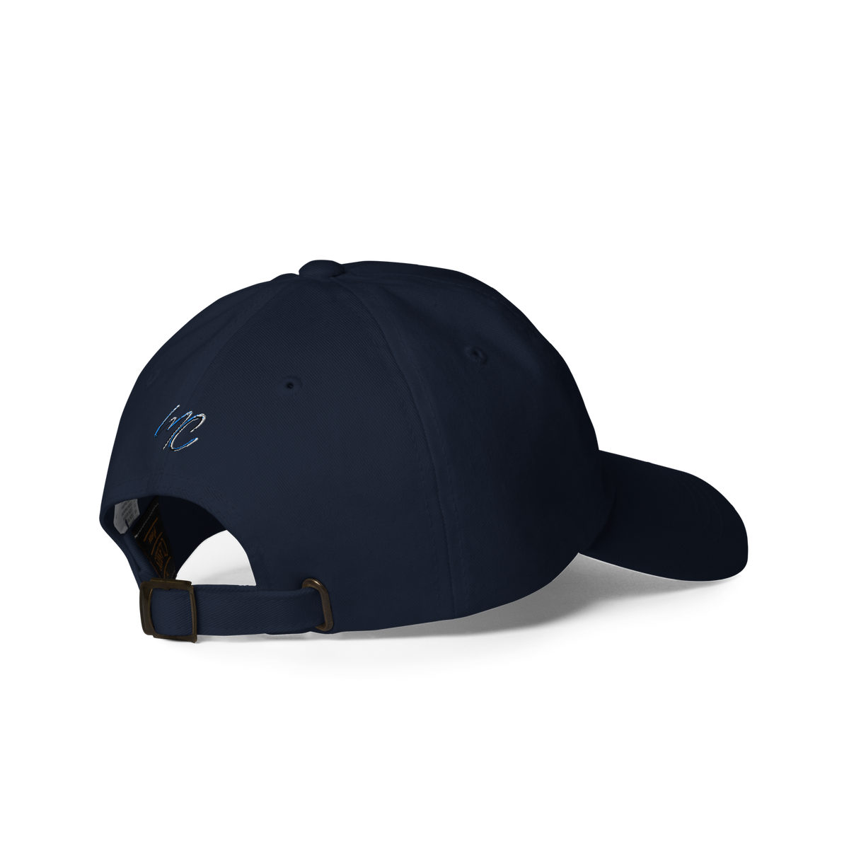 Right-back view of the navy CBN Helps Me Sleep dad hat showing its adjustable metal-buckle strap.