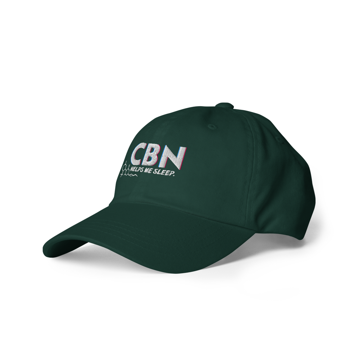 Left-front view of the spruce green dad hat featuring embroidered CBN Helps Me Sleep artwork.