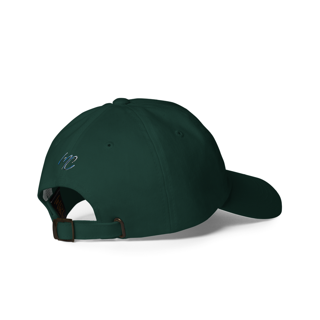 Right-back view of the spruce CBN Helps Me Sleep dad hat showing its adjustable buckle closure.