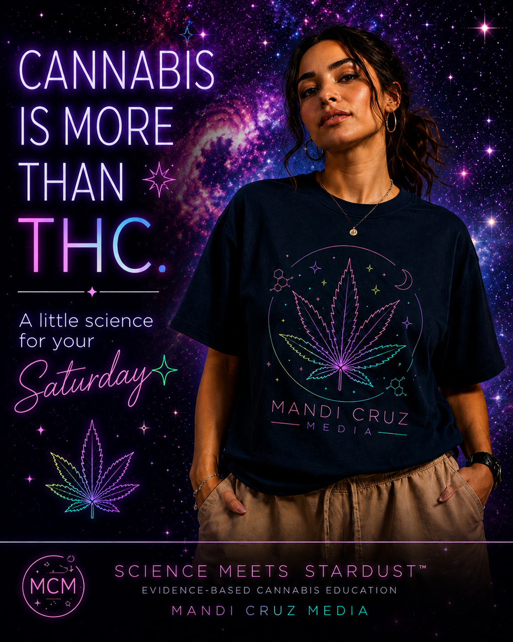 Slide 7 — Cannabis Is More Than THC
Woman wearing a navy Mandi Cruz Media cannabis leaf T-shirt against a vibrant purple, pink and blue galaxy background. Large text reads “Cannabis Is More Than THC” and “A little science for your Saturday.” The graphic closes the educational carousel with Science Meets Stardust and Mandi Cruz Media evidence-based cannabis education branding.