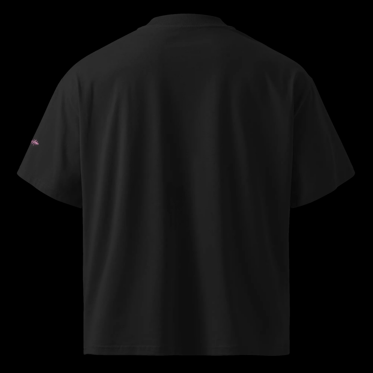 Back view of the black oversized organic tee showing its plain back, wide sleeves and dropped shoulders.