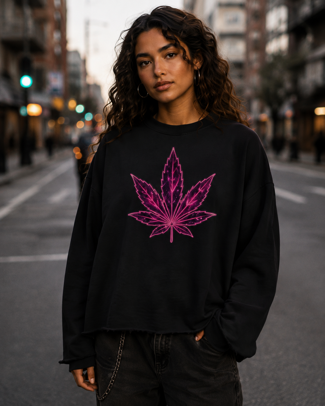 Woman wearing the black Mandi Cruz Media raw edge boxy sweatshirt with a hot-pink celestial leaf graphic on an urban street.