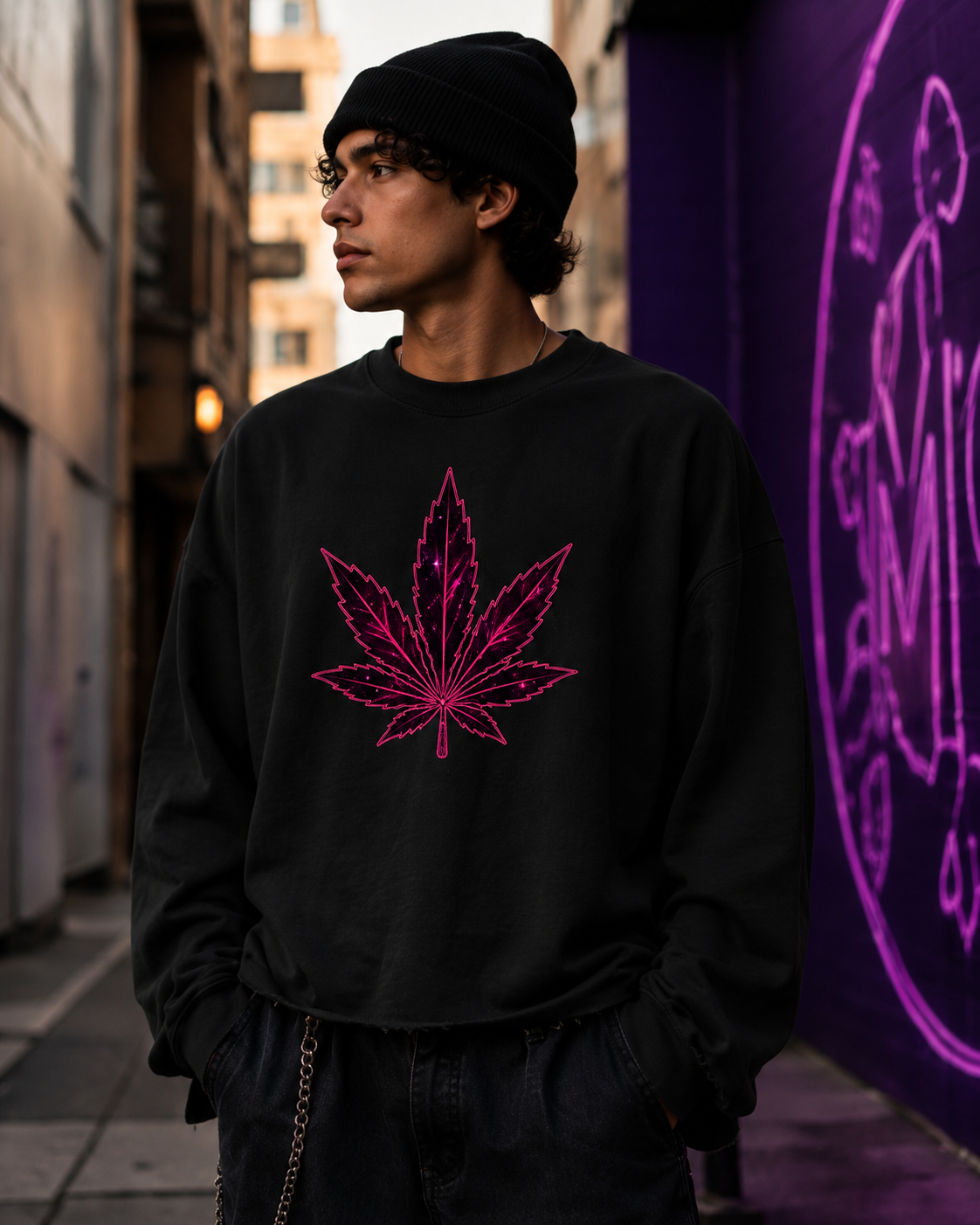 Man wearing the black Celestial Leaf boxy sweatshirt with the pink botanical front graphic beside a neon-lit city wall.