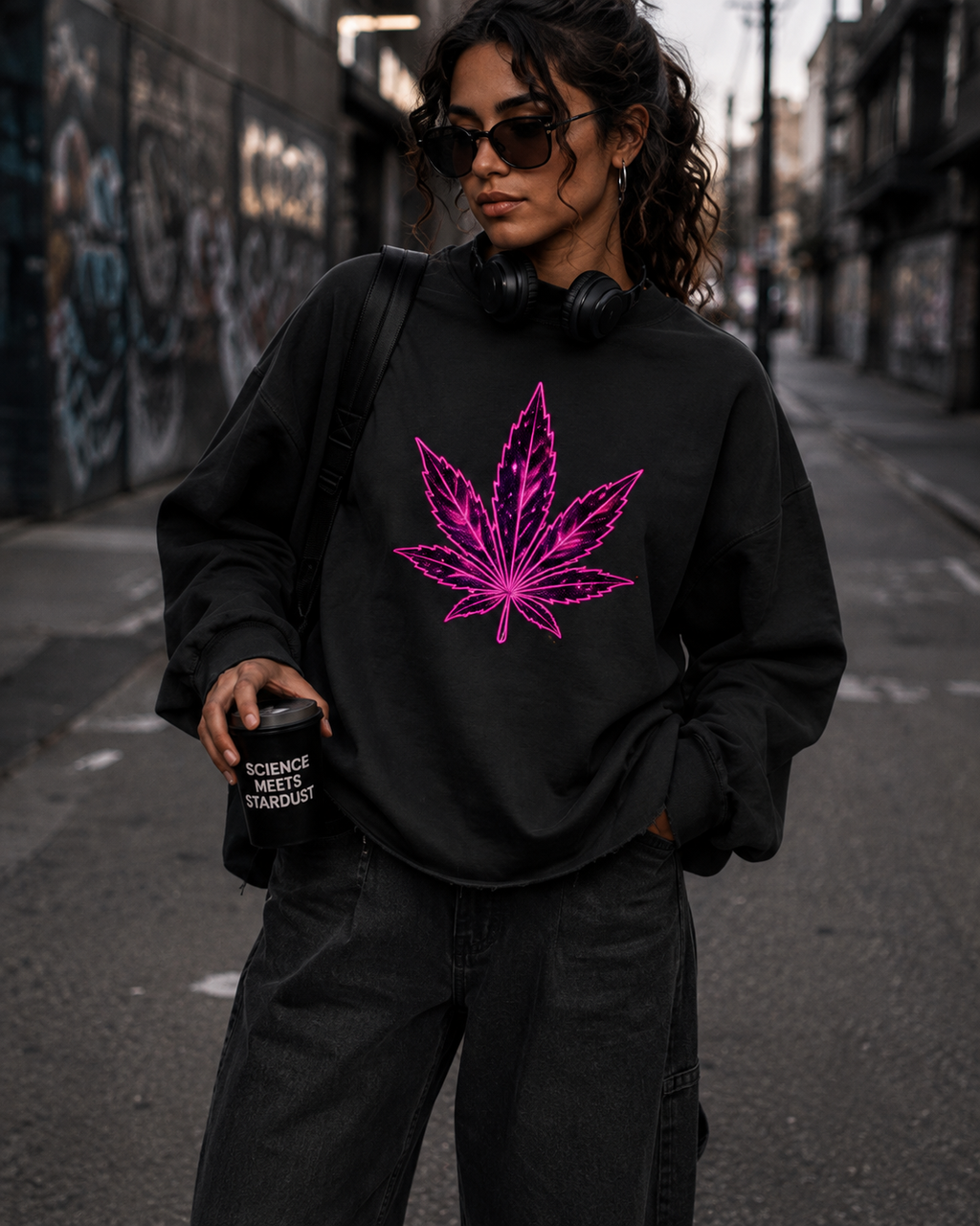Woman styling the black oversized raw edge sweatshirt with pink celestial leaf artwork on a city street.