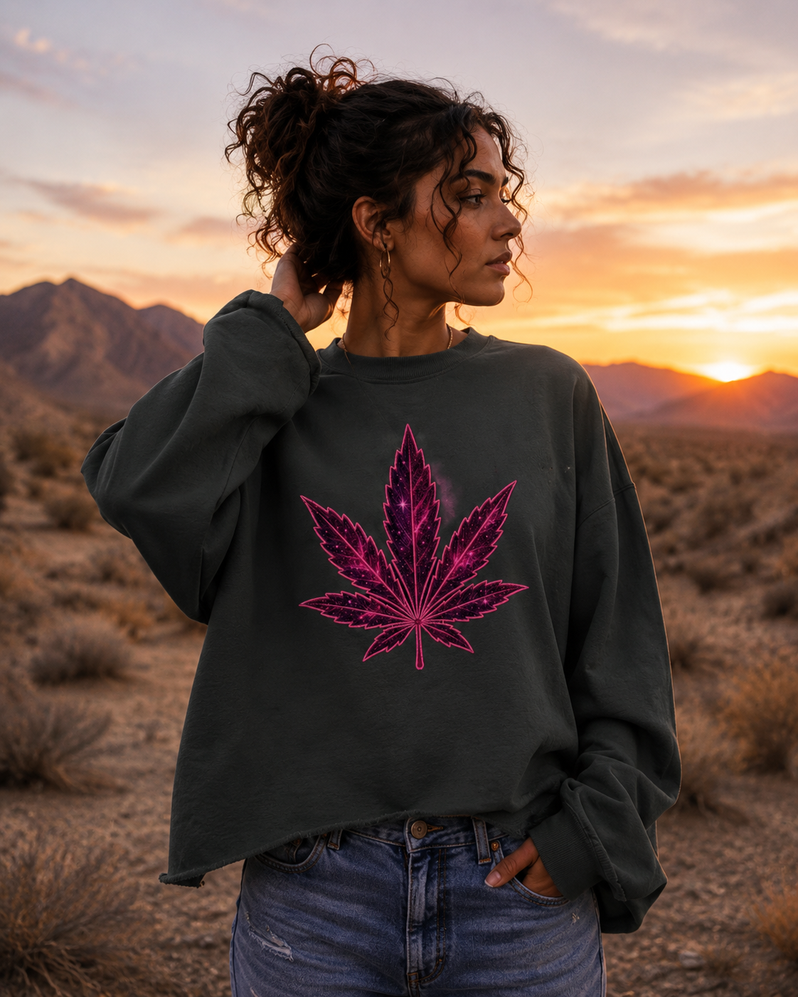 Woman wearing the dark gray raw edge boxy sweatshirt with the pink celestial leaf graphic at sunset in the desert.