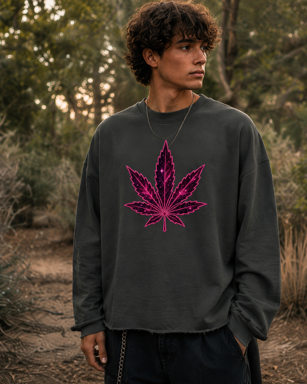 Man wearing the dark gray oversized Celestial Leaf sweatshirt with pink front artwork in a natural outdoor setting.