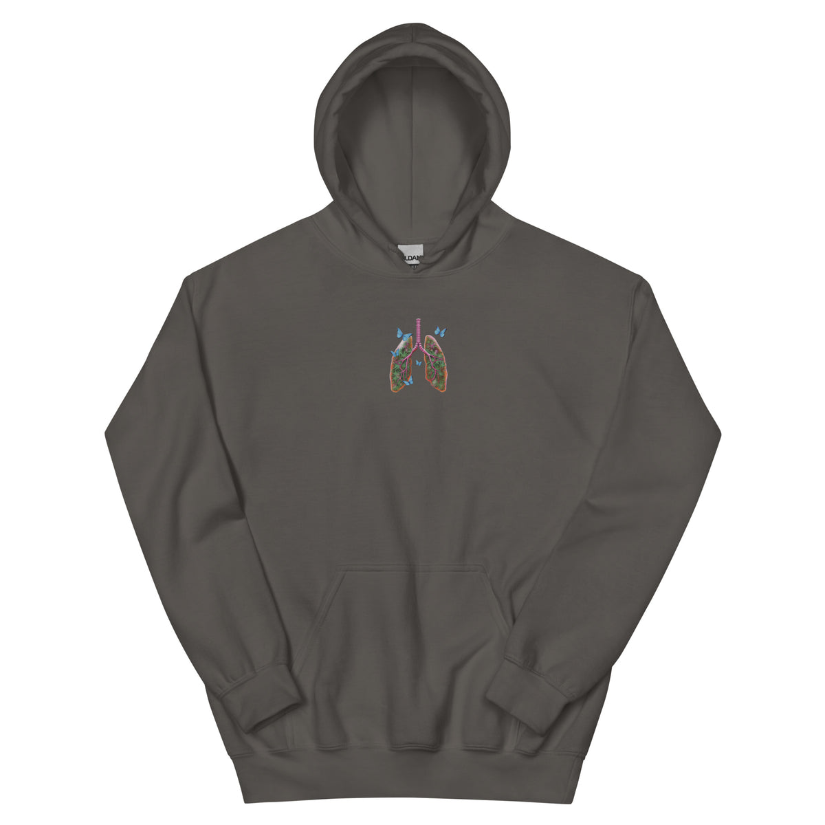 Front product view of the charcoal grey unisex hoodie with a colorful anatomical lungs-and-butterflies chest graphic.