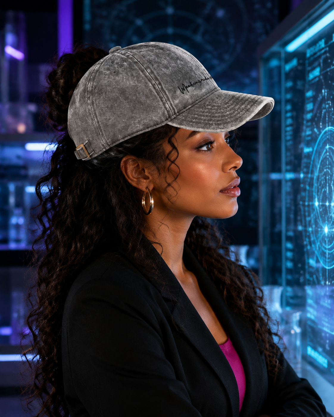 Woman wearing the charcoal grey Mandi Cruz Media cap in a premium violet and cyan media studio.