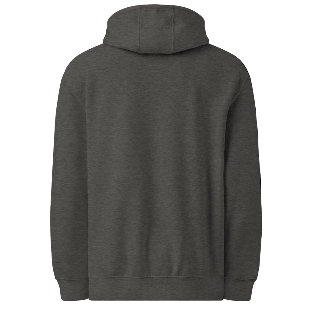 charcoal heather unisex premium midweight hoodie showing the plain back, hood, sleeves and ribbed hem.