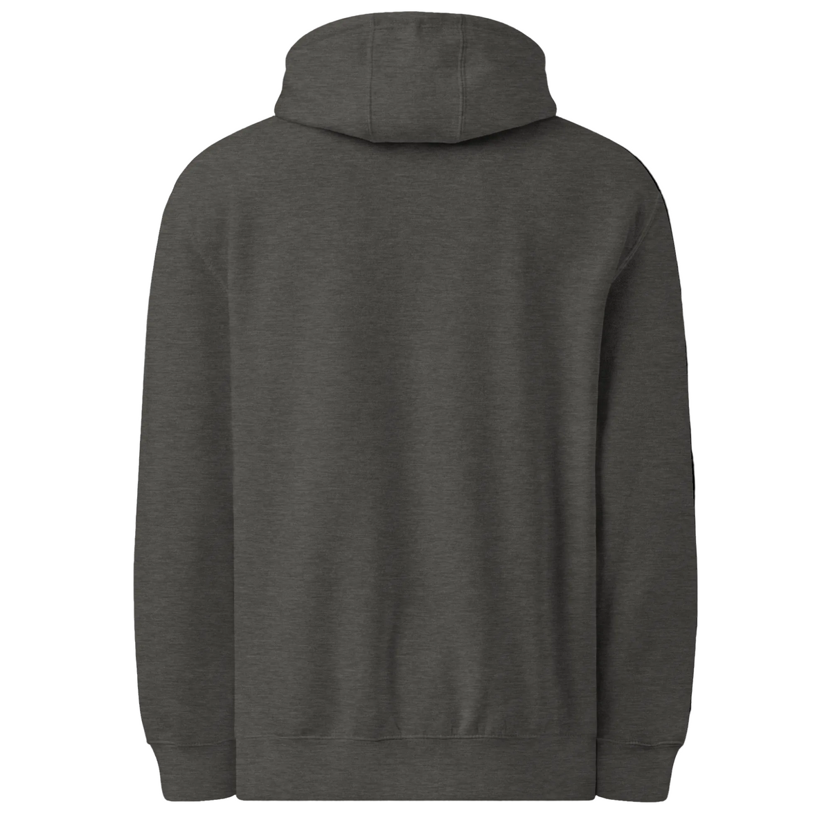 charcoal heather unisex premium midweight hoodie showing the plain back, hood, sleeves and ribbed hem.