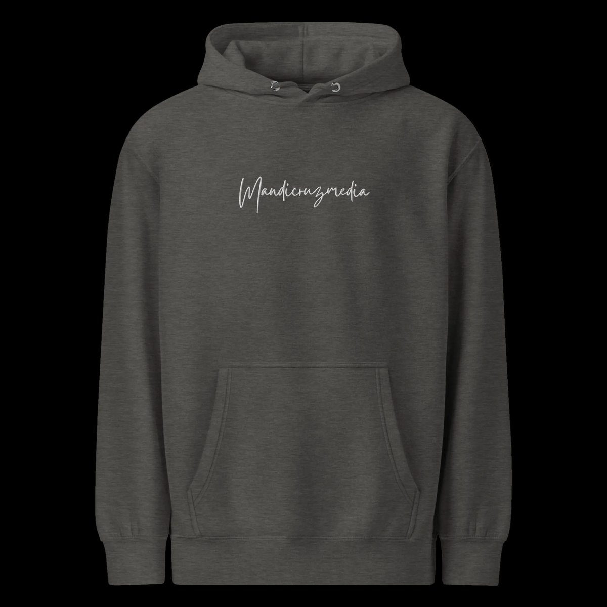 Front view of the charcoal heather unisex Mandi Cruz Media premium midweight hoodie with white script logo and kangaroo pocket.