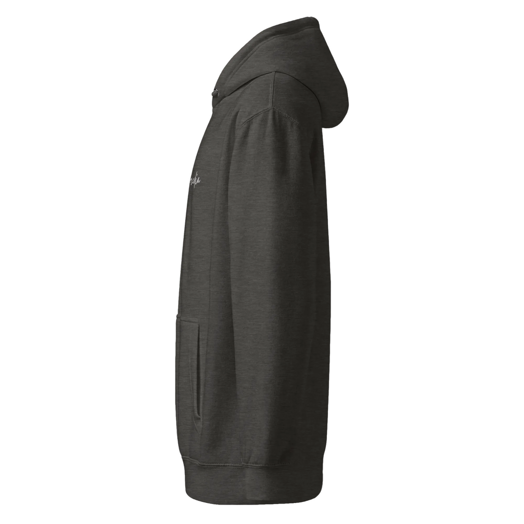 Left-side view of the charcoal heather unisex hoodie showing its midweight profile, hood, sleeve and partial chest logo.