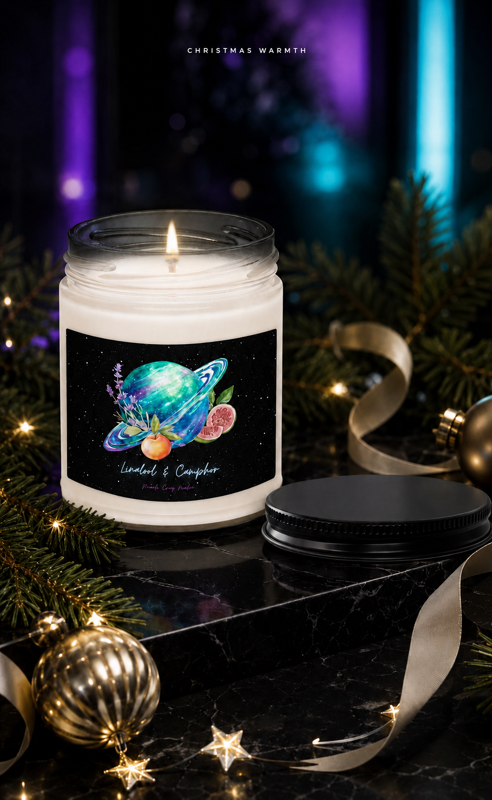 Christmas Warmth soy candle styled with evergreen branches, gold ornaments and glowing star lights.
