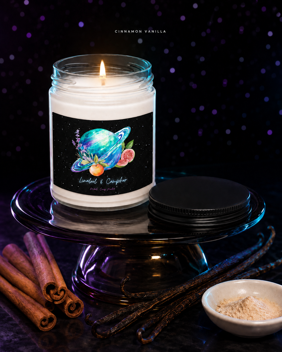 Cinnamon Vanilla Mandi Cruz Media soy candle displayed with cinnamon sticks and vanilla beans under violet light.