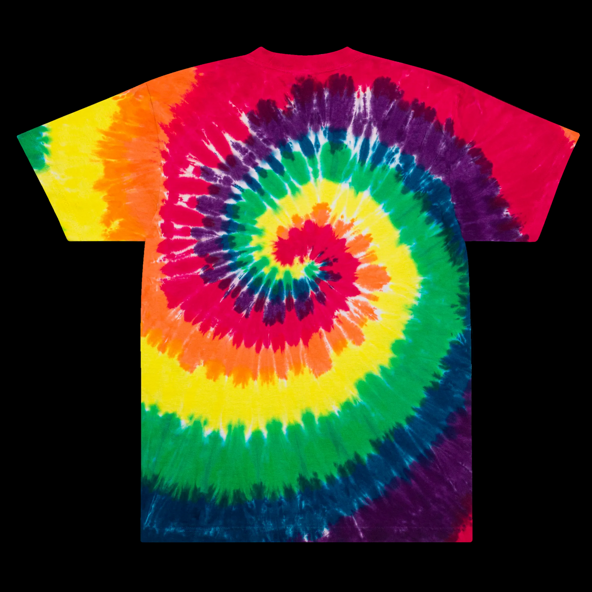Back view of the oversized T-shirt featuring a bright red, orange, yellow, green, blue and purple spiral tie-dye pattern.