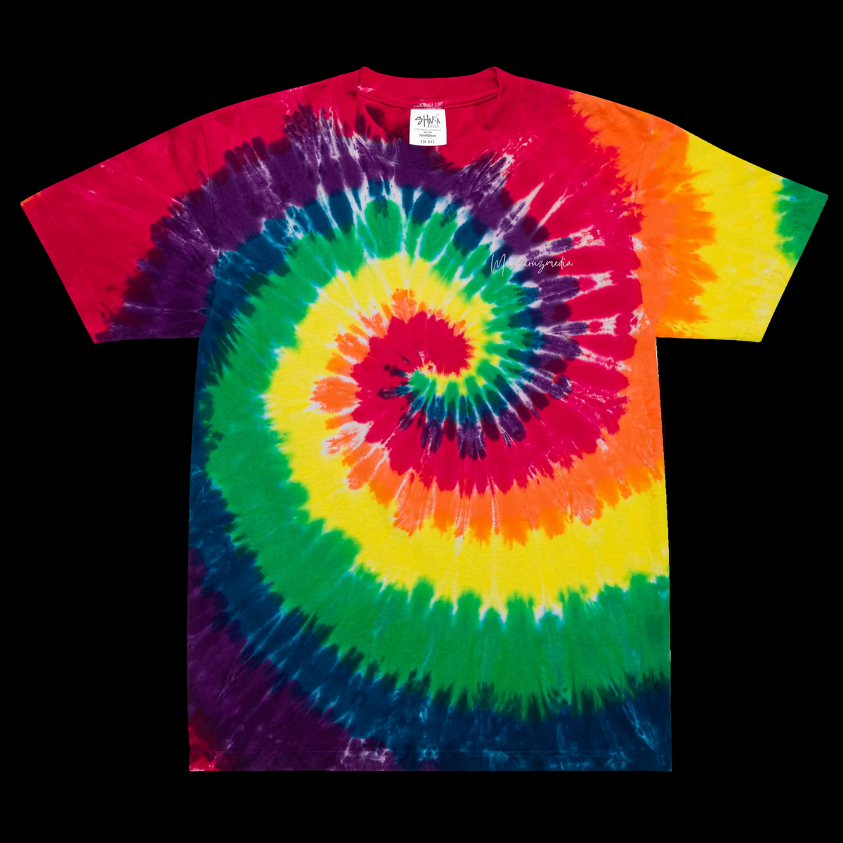 Front view of the oversized Classic Rainbow tie-dye tee with a vivid multicolor spiral and white Mandi Cruz Media script logo.