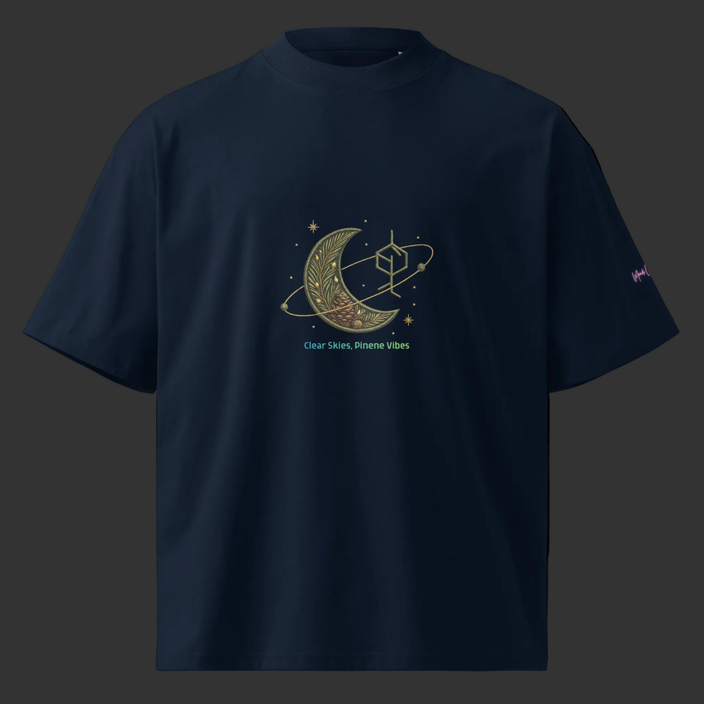 Front view of the French navy oversized high-neck tee with a botanical crescent moon, pinene molecule, and Pinene Vibes design.
