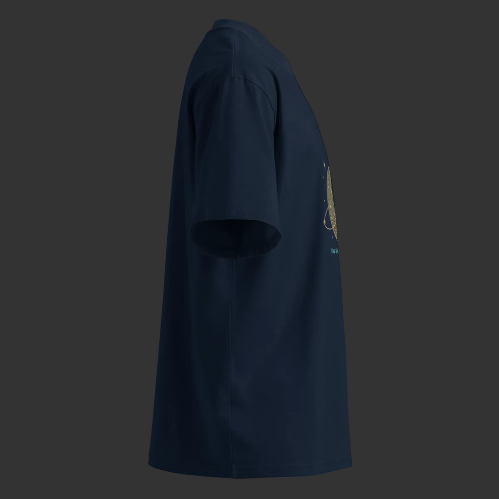 Right-side view of the French navy oversized high-neck tee showing its boxy silhouette, high collar, and partial front artwork.