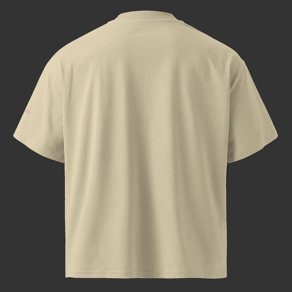 Back view of the stone oversized organic high-neck tee showing its plain back, dropped shoulders, and wide short sleeves.