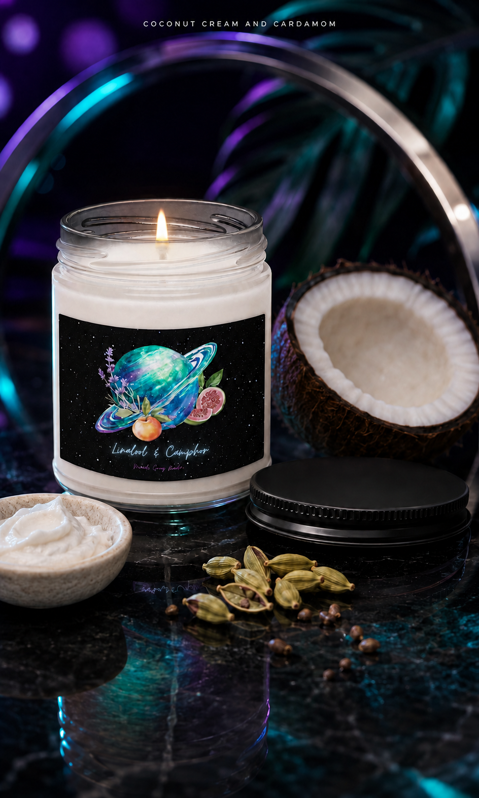 Coconut Cream and Cardamom soy candle styled with coconut, cream and green cardamom pods.