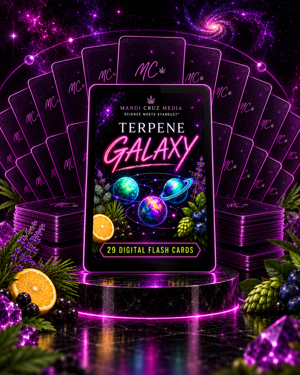 Tablet showing The Complete Terpene Galaxy™ cover surrounded by fanned Mandi Cruz Media card backs representing the 29-card digital collection.