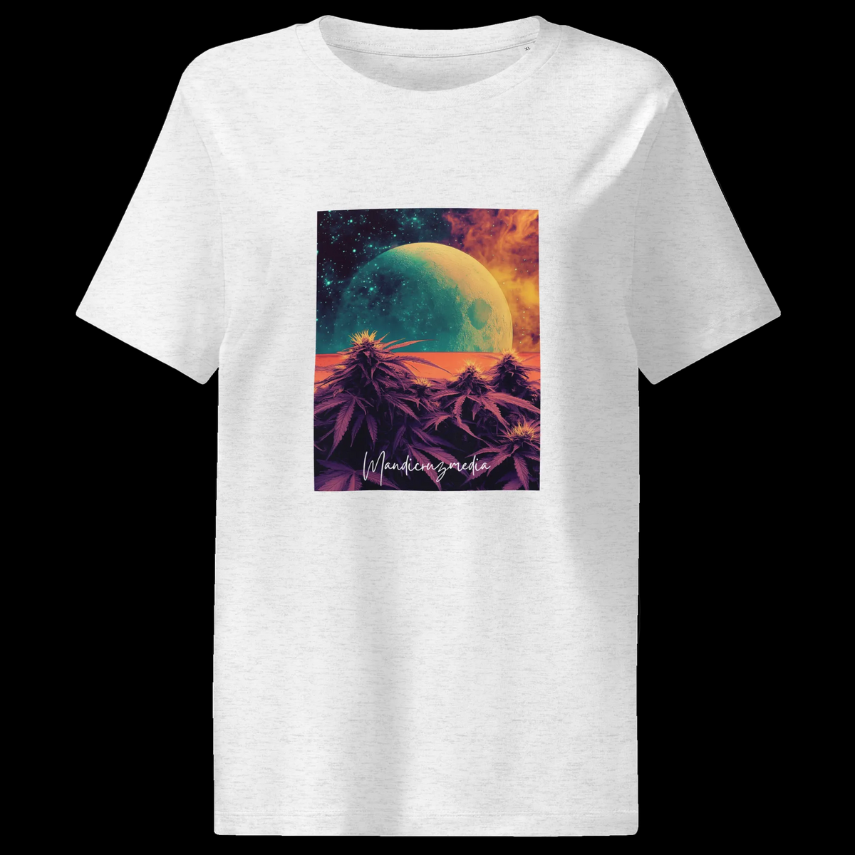 Front product view of the Cool Heather Grey Outer Space women’s organic ribbed tee featuring a colorful planet above a purple mountain landscape.