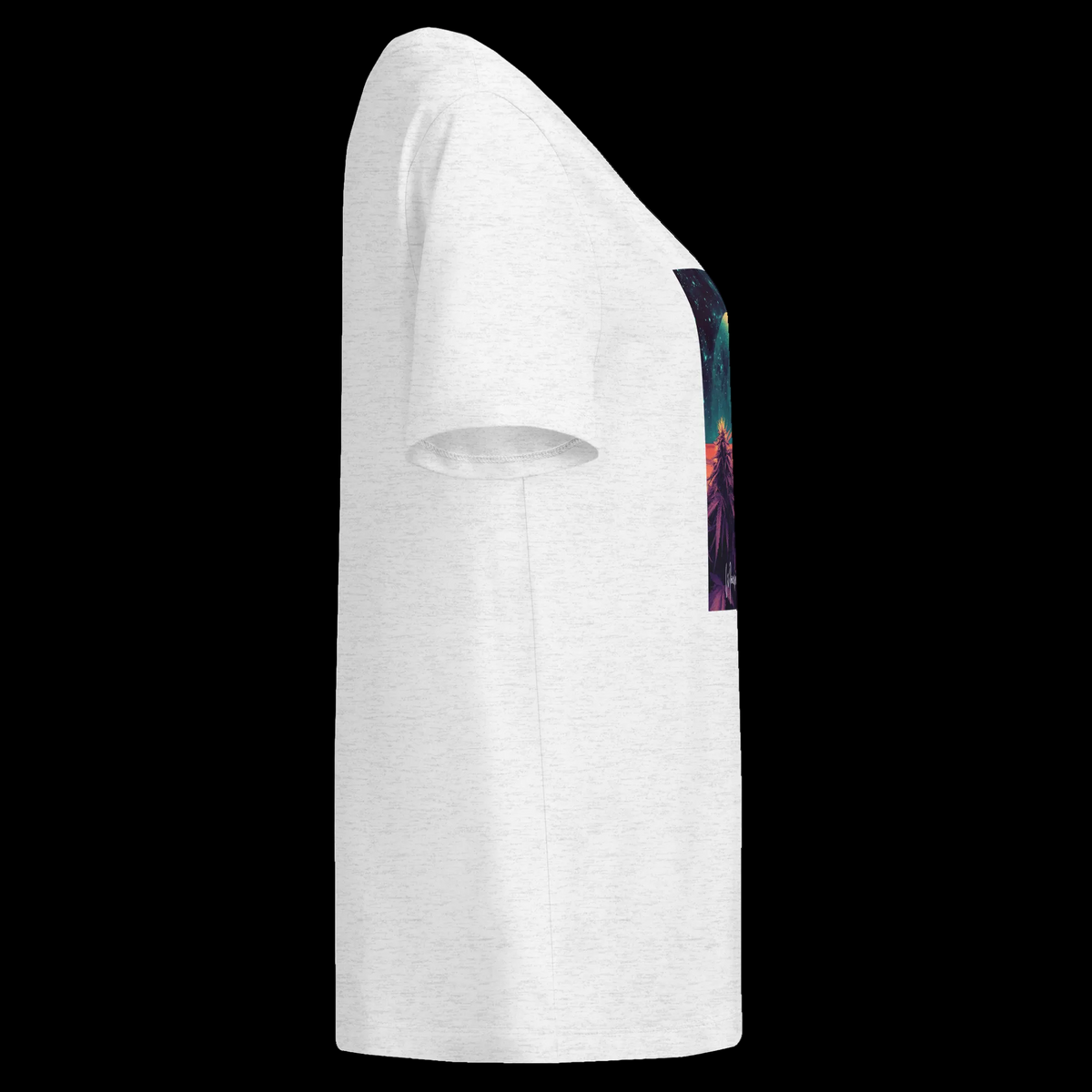Right-side view of the cool heather grey Outer Space women’s organic tee with part of the celestial graphic visible.