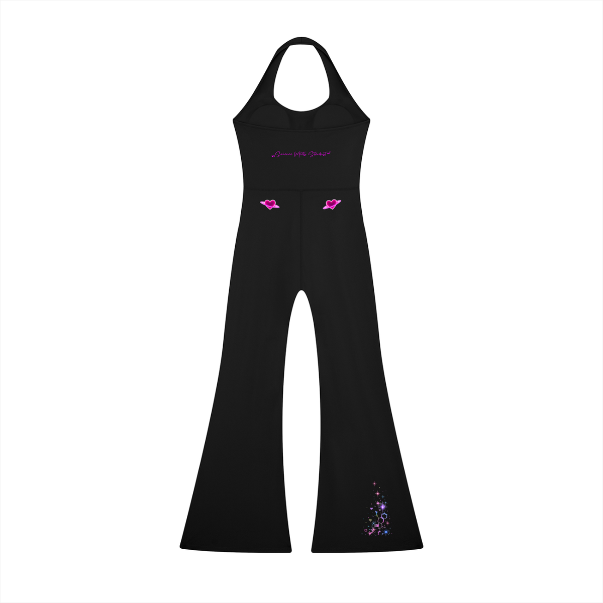 Back product view of the black Cosmic Heart halter flared jumpsuit showing the halter construction, Science Meets Stardust™ script and ringed hearts.