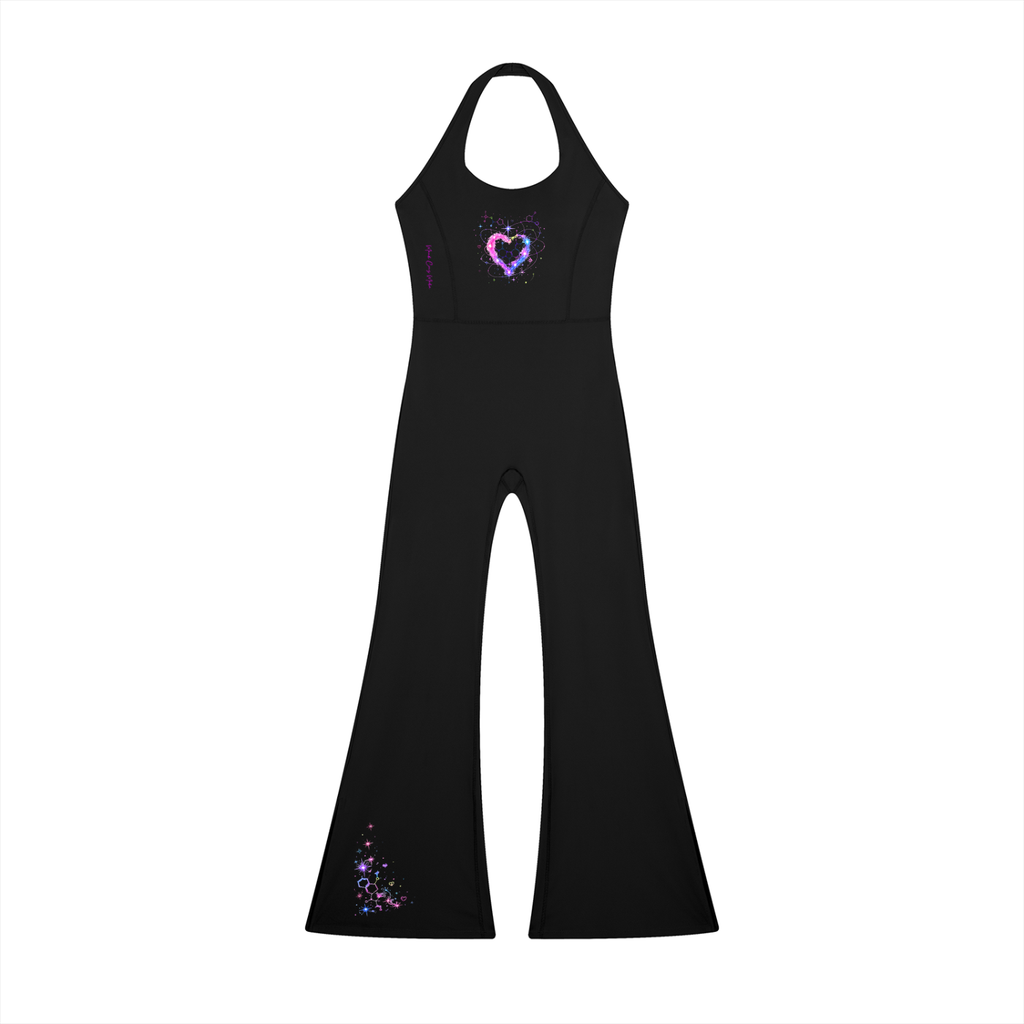 Front product view of the black Cosmic Heart halter flared jumpsuit featuring a glowing pink and violet heart and molecular artwork on the right flare.