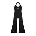 Front product view of the black Cosmic Heart halter flared jumpsuit featuring a glowing pink and violet heart and molecular artwork on the right flare.