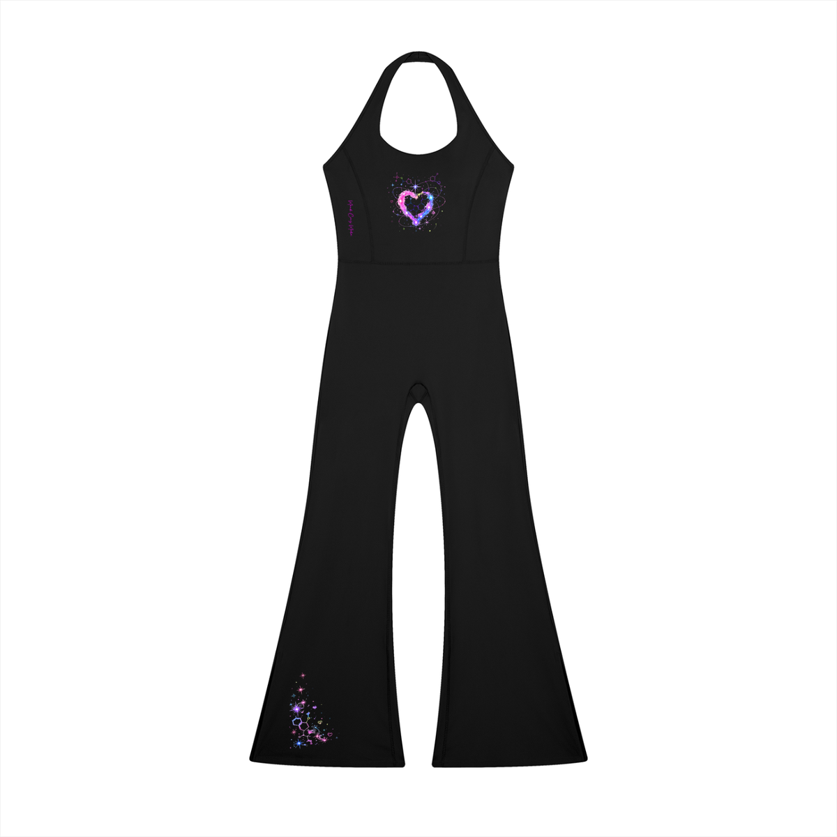 Front product view of the black Cosmic Heart halter flared jumpsuit featuring a glowing pink and violet heart and molecular artwork on the right flare.