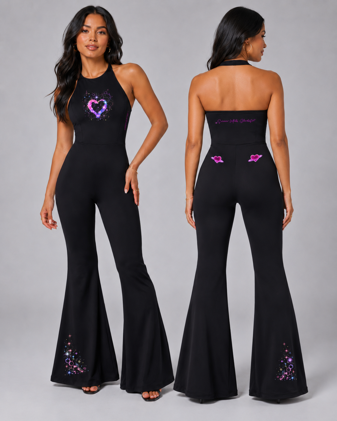 Front and back studio views of the black Cosmic Heart halter flared jumpsuit showing the chest, back, waist and lower-leg design placement.