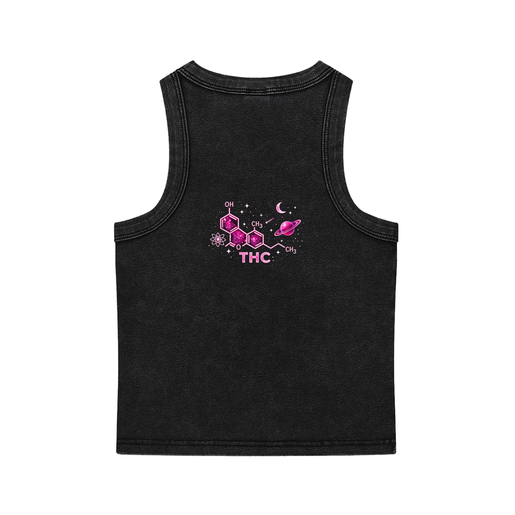 Back product view of the washed-black crop tank featuring a small pink THC molecular graphic with celestial accents.