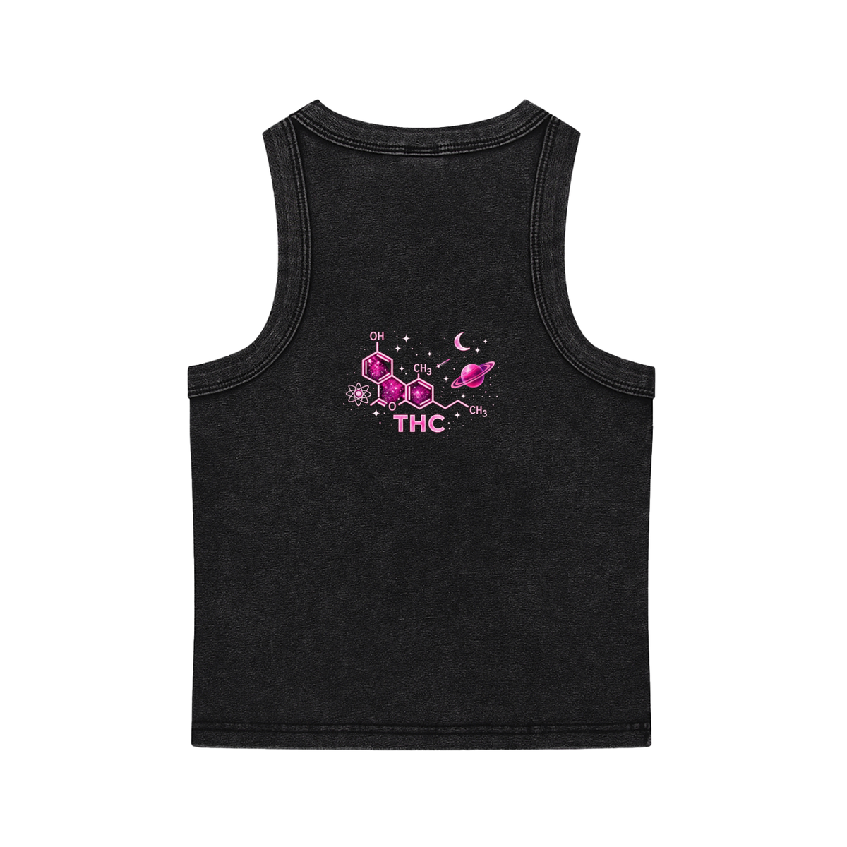 Back product view of the washed-black crop tank featuring a small pink THC molecular graphic with celestial accents.
