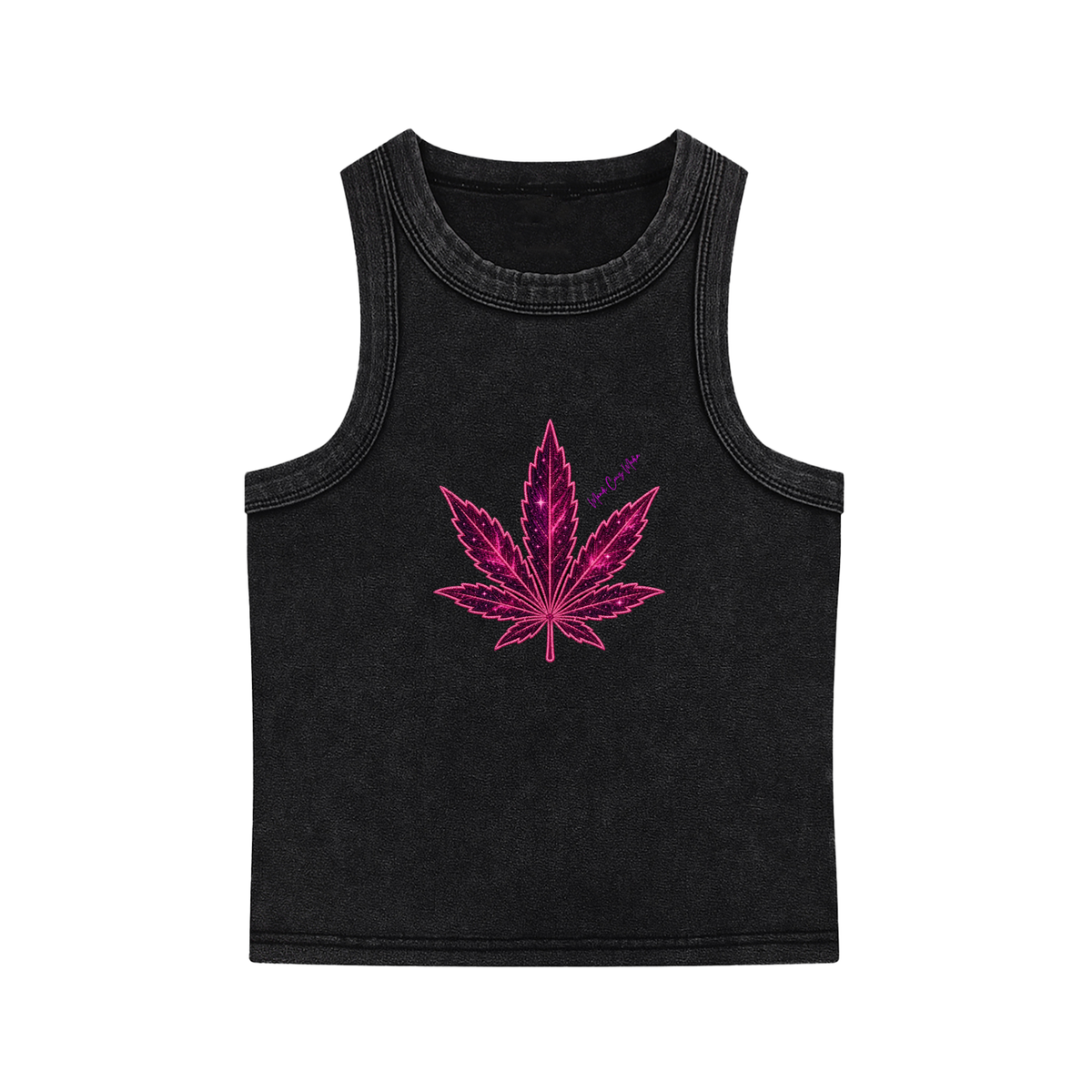 Front product view of the washed-black Cosmic Pink Leaf crop tank featuring a centered hot-pink celestial botanical leaf graphic and Mandi Cruz Media signature.