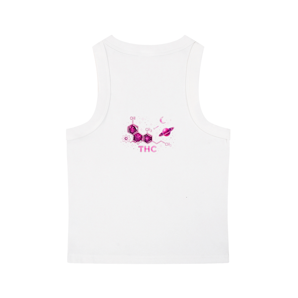 Back product view of the white Cosmic Pink Leaf crop tank featuring a pink THC molecule, crescent moon and ringed planet design.