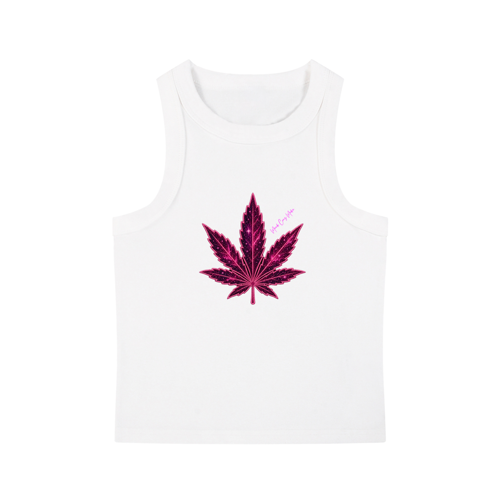 Front product view of the white Cosmic Pink Leaf snow-washed crop tank featuring a centered magenta celestial botanical leaf graphic.