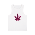 Front product view of the white Cosmic Pink Leaf snow-washed crop tank featuring a centered magenta celestial botanical leaf graphic.