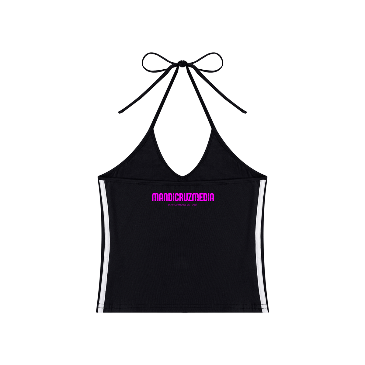 Back view of black Cosmic Heart halter crop top featuring tie-neck construction, white side stripes, and Mandi Cruz Media branding.