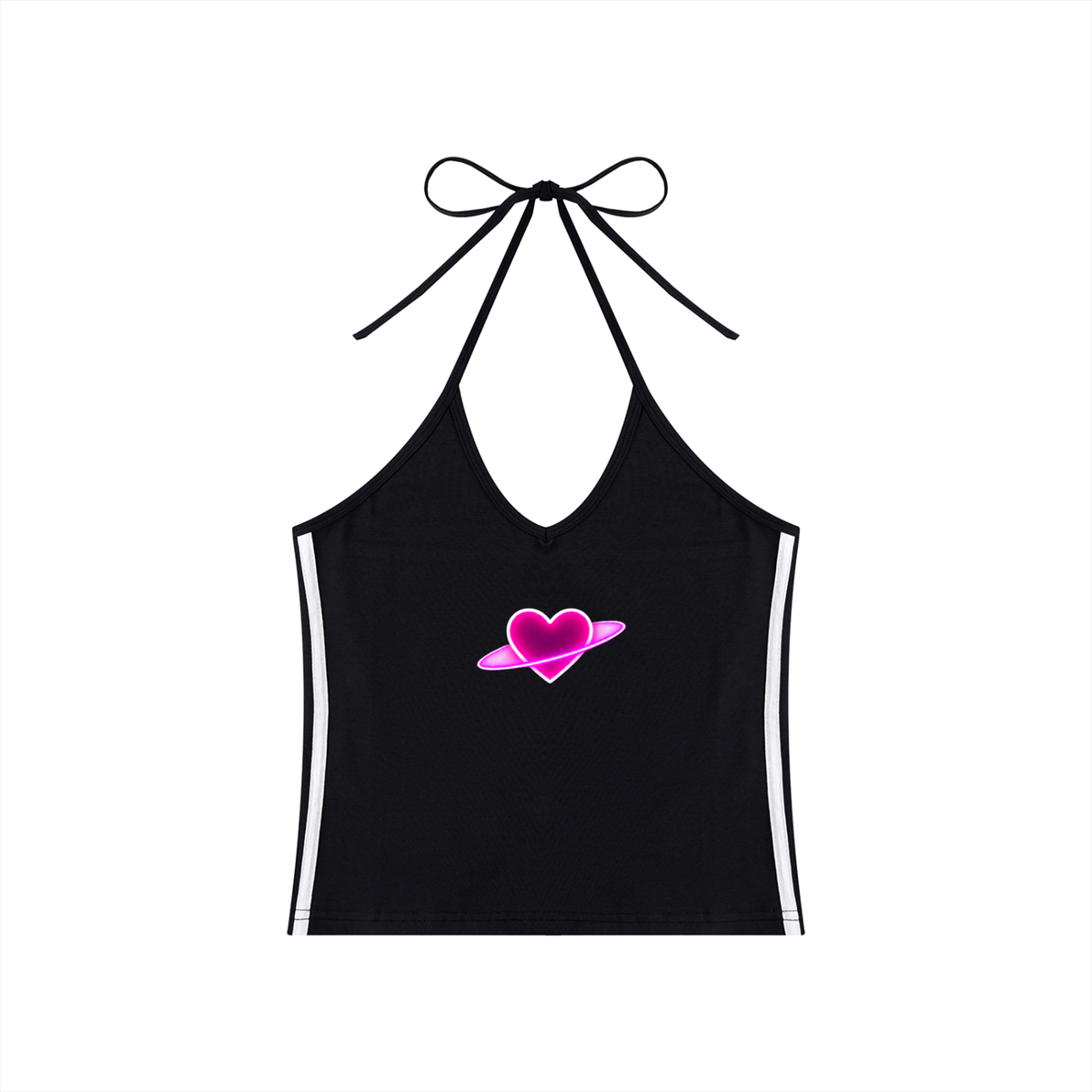 Black Mandi Cruz Media Cosmic Heart halter crop top with pink planetary heart graphic and white side stripes, front view.
