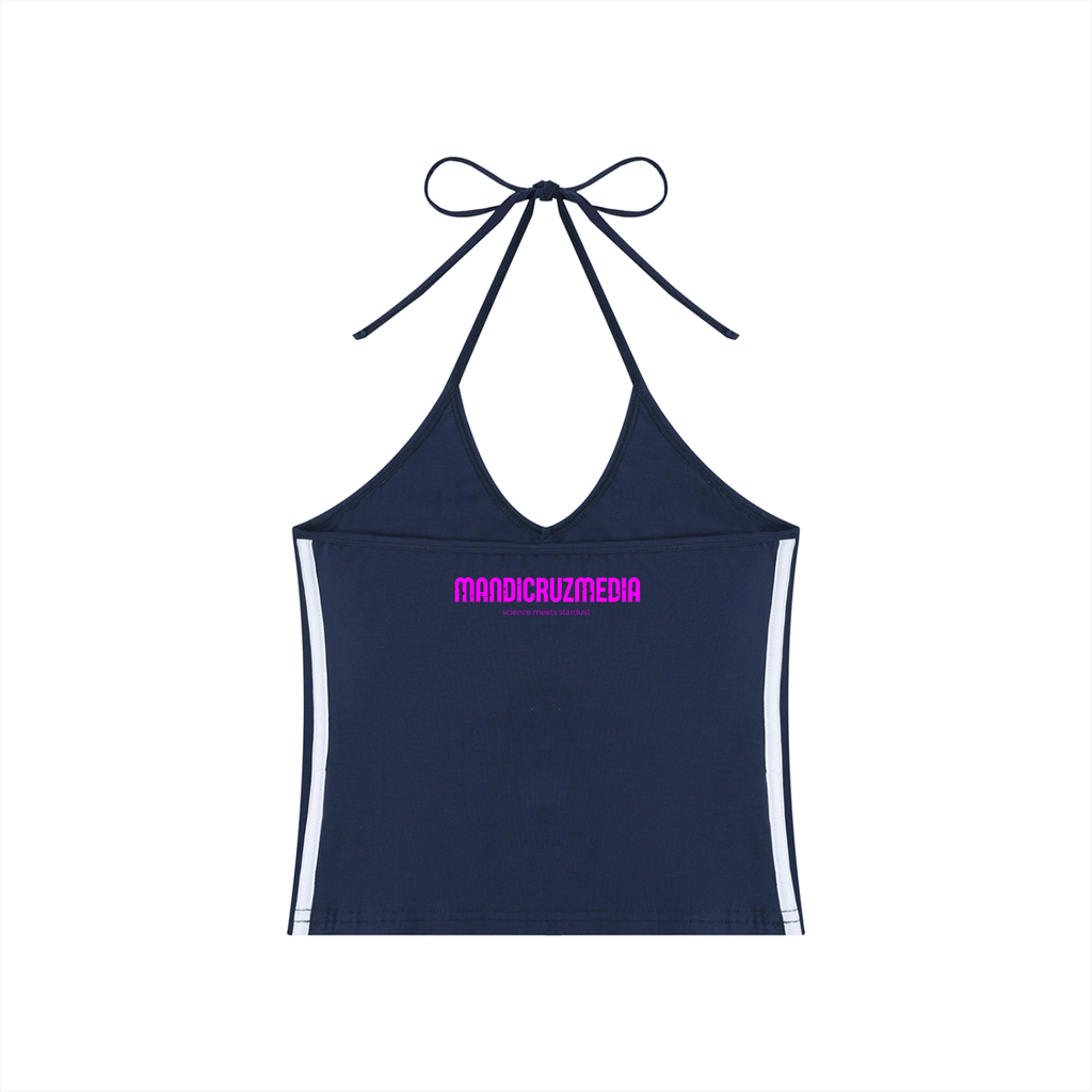 Navy Cosmic Heart tie-neck halter crop top shown from the back with white side stripes and pink Mandi Cruz Media logo.